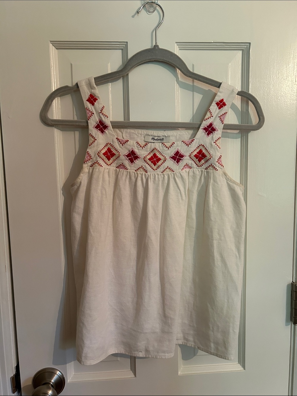 Madewell Cream Tank with Red & Pink Diamond Embroidery
